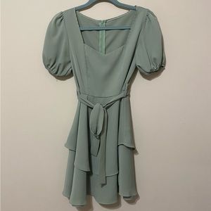 Puff Sleeve Layered Ruffle Hem Belted Dress